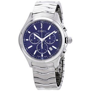 NEW! EBEL Watch Men WAVE 42mm Silver Indices Blue Dial SWISS Chrono Quartz Watch